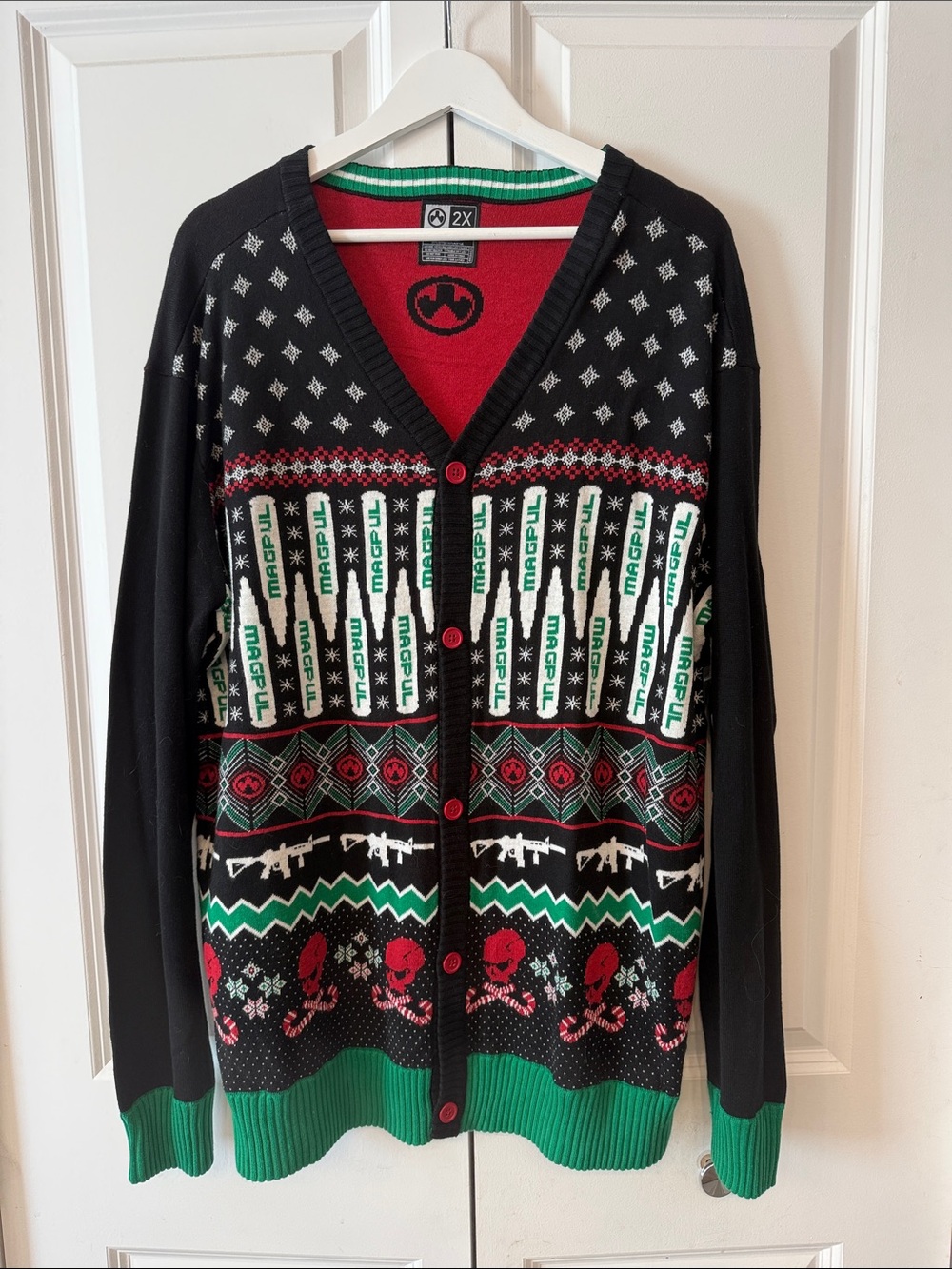 Men's Holiday Cardigan Sweater in Black, Red & Green